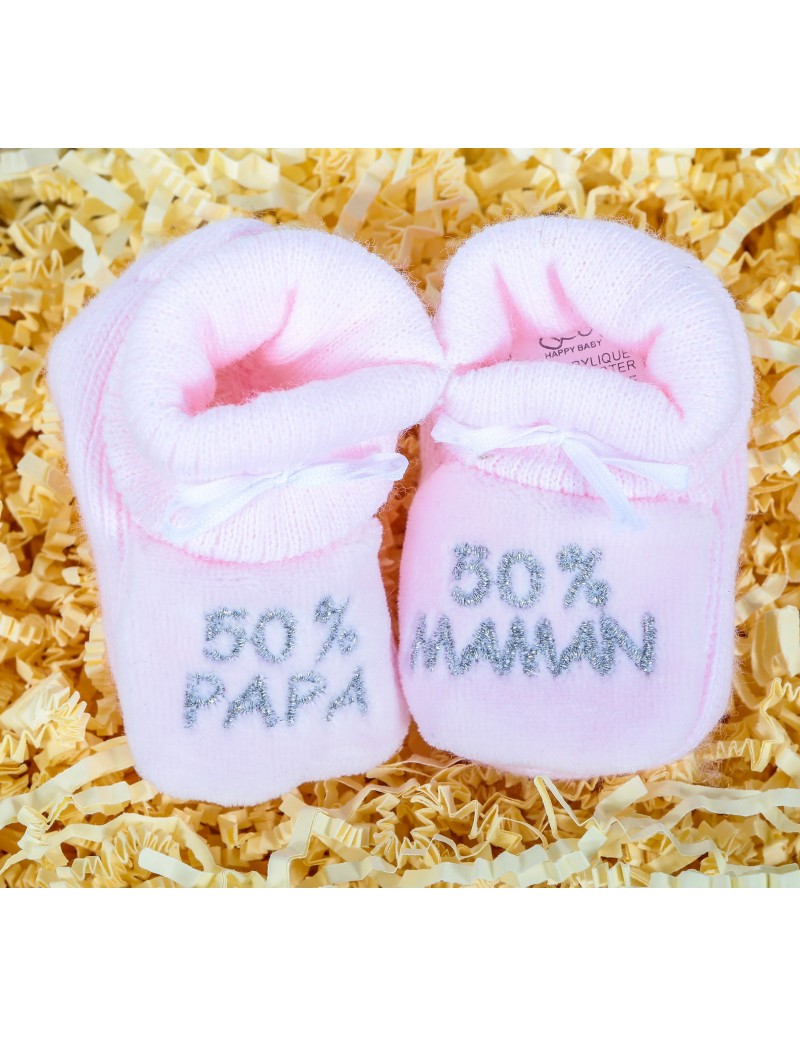 Chaussons bébé brodés '50% papa 50% maman' - HAPPY BABY - Blanc